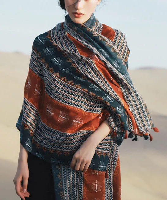 Italian Blue Tasseled Print Linen Holiday Shawl