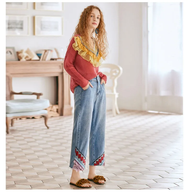 JAM PRINCESS STRAIGHT LEG JEANS IN EMBROIDERED FRILL DESIGN