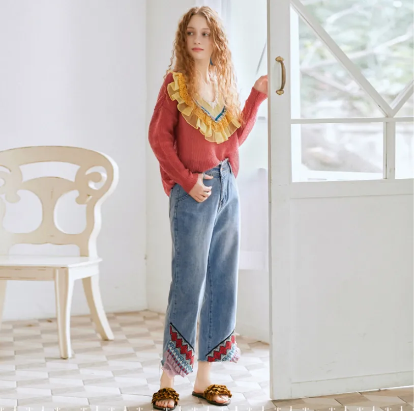 JAM PRINCESS STRAIGHT LEG JEANS IN EMBROIDERED FRILL DESIGN