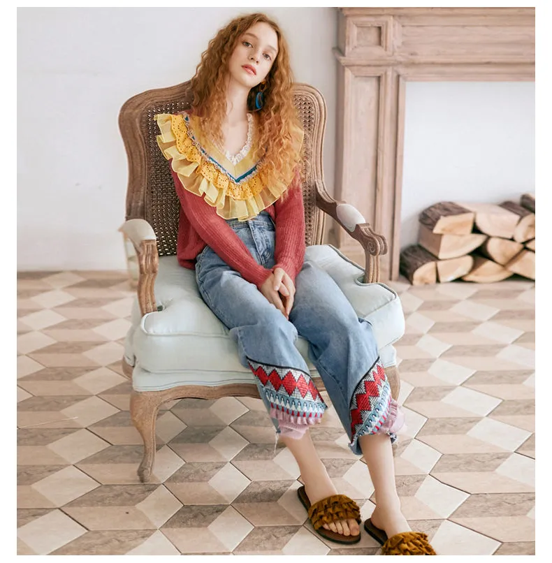 JAM PRINCESS STRAIGHT LEG JEANS IN EMBROIDERED FRILL DESIGN