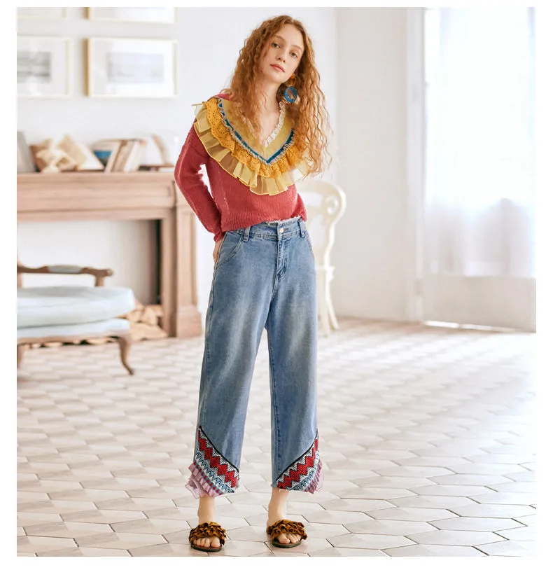 JAM PRINCESS STRAIGHT LEG JEANS IN EMBROIDERED FRILL DESIGN