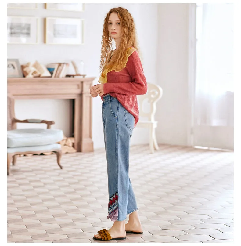 JAM PRINCESS STRAIGHT LEG JEANS IN EMBROIDERED FRILL DESIGN