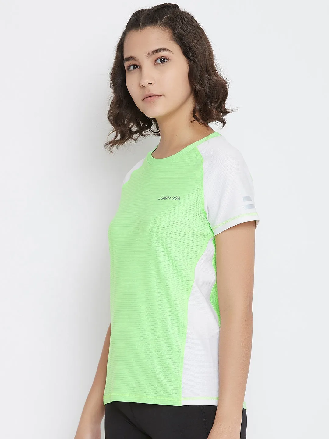 JUMP USA Women White & Green Solid Round Neck Sports T-shirt