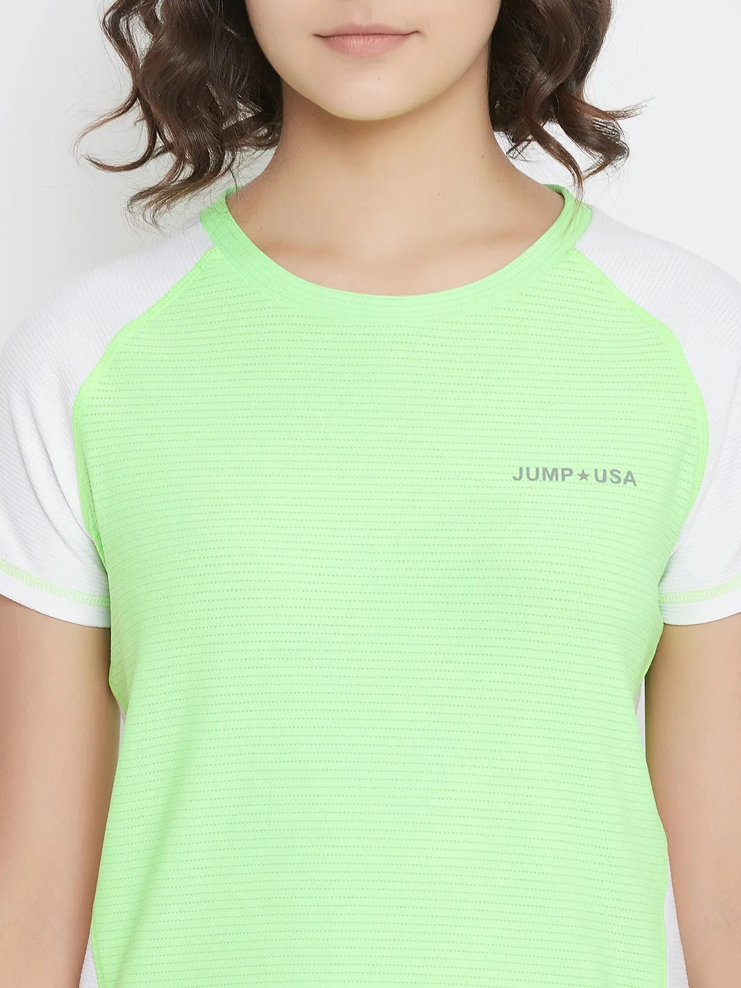 JUMP USA Women White & Green Solid Round Neck Sports T-shirt