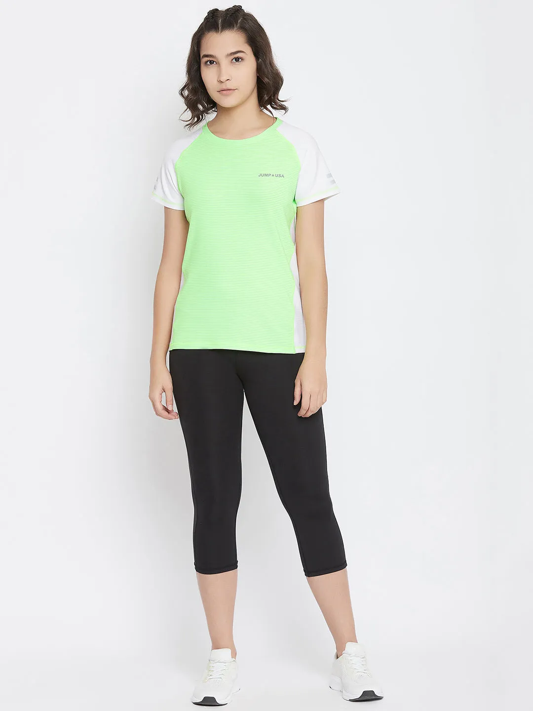 JUMP USA Women White & Green Solid Round Neck Sports T-shirt