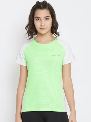 JUMP USA Women White & Green Solid Round Neck Sports T-shirt