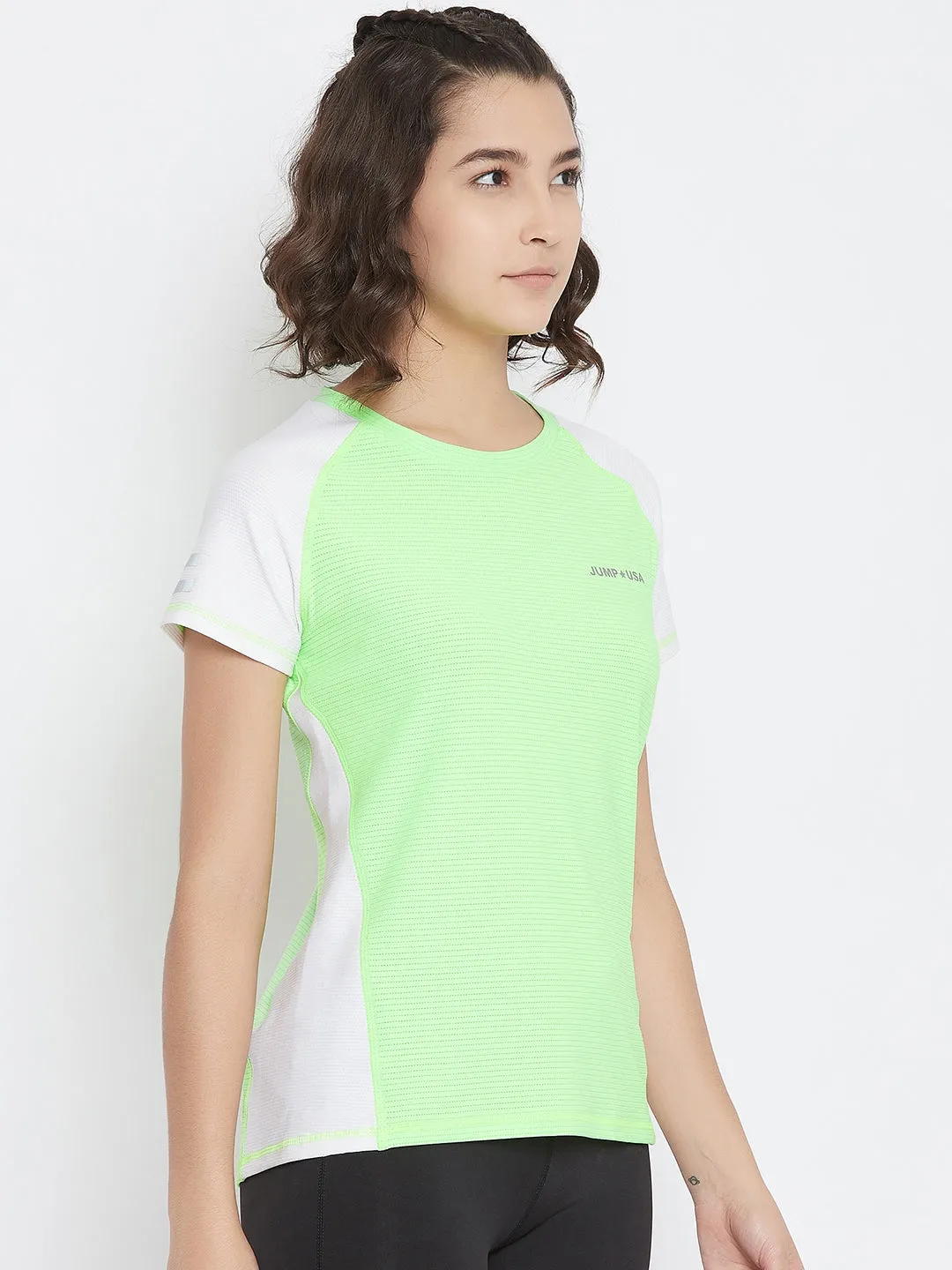 JUMP USA Women White & Green Solid Round Neck Sports T-shirt