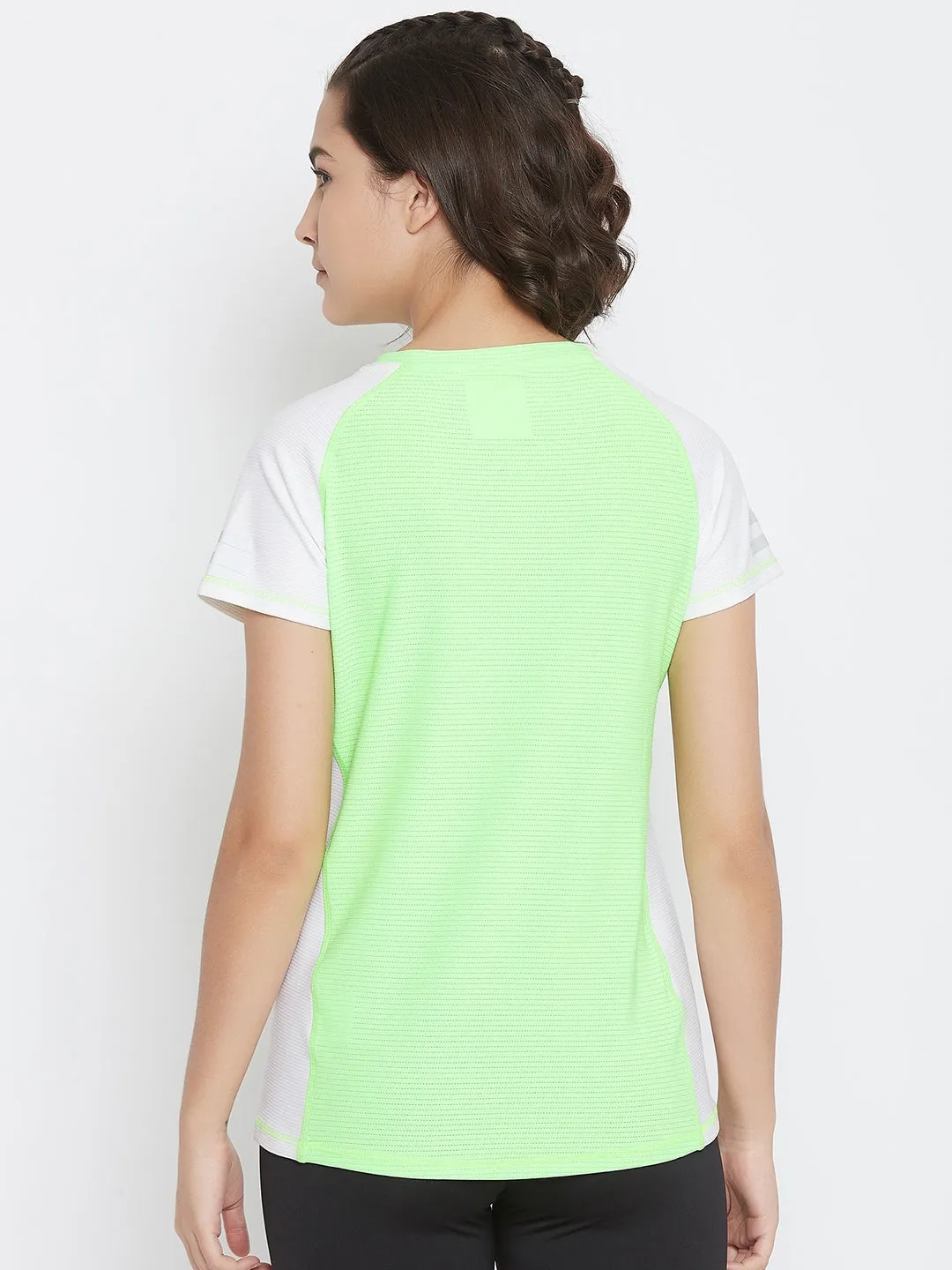 JUMP USA Women White & Green Solid Round Neck Sports T-shirt