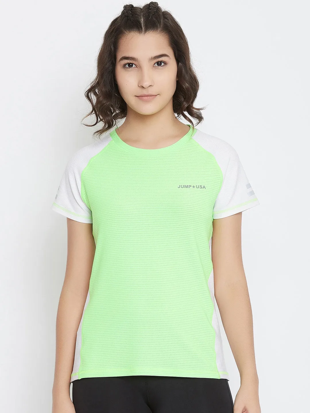 JUMP USA Women White & Green Solid Round Neck Sports T-shirt