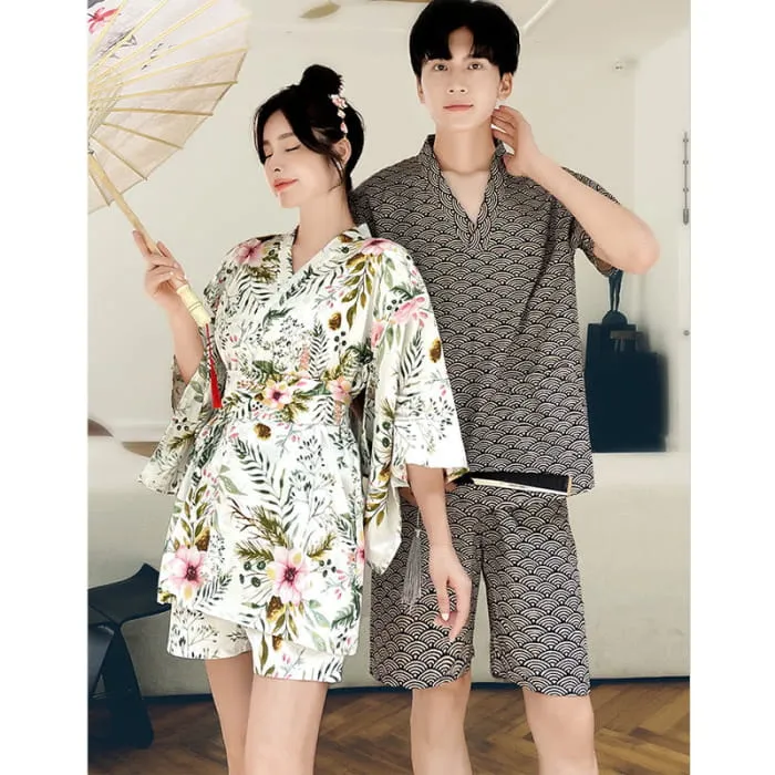 Kawaii Couple Flowers Print Outfit Pajamas