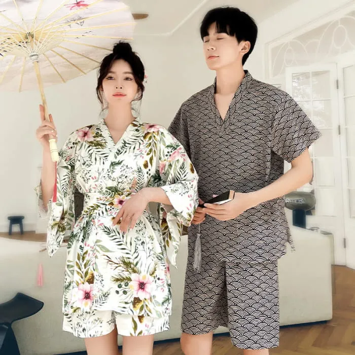 Kawaii Couple Flowers Print Outfit Pajamas