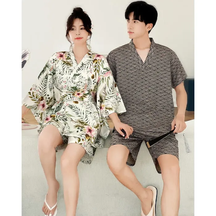Kawaii Couple Flowers Print Outfit Pajamas
