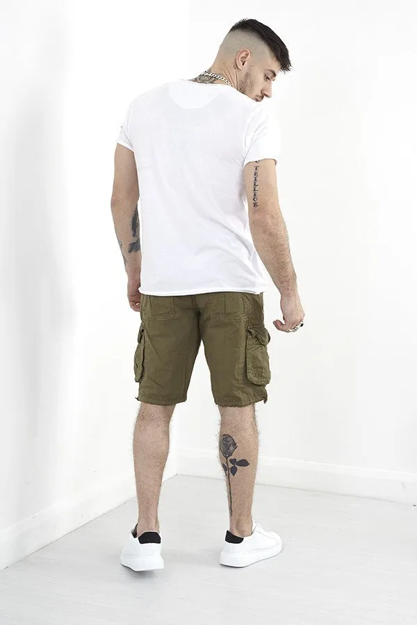 KHAKI COTTON TWILL UTILITY POCKET SHORTS