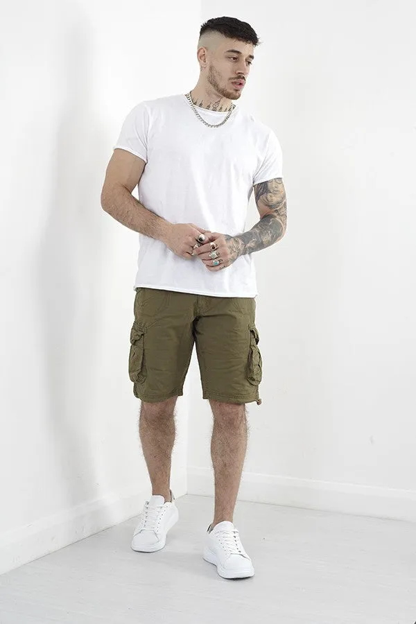 KHAKI COTTON TWILL UTILITY POCKET SHORTS