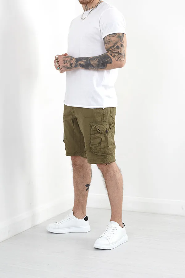 KHAKI COTTON TWILL UTILITY POCKET SHORTS