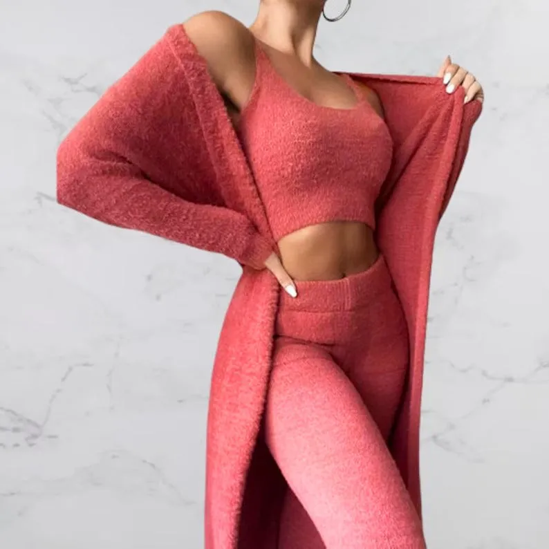 Ladies Teddy Lounge Wear Set Womens 3 Piece Tracksuits Fleece Pyjamas Cardigan 3 Piece Tracksuits Fleece Pyjamas Cardigan B-42296