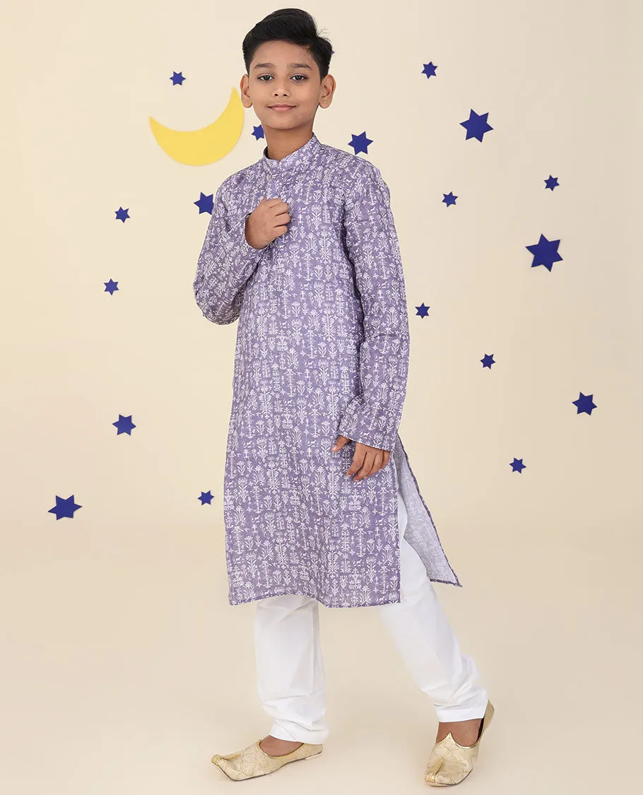 Lavender cotton kurta set features intricate floral motifs printed full-sleeve kurta & contrast pants