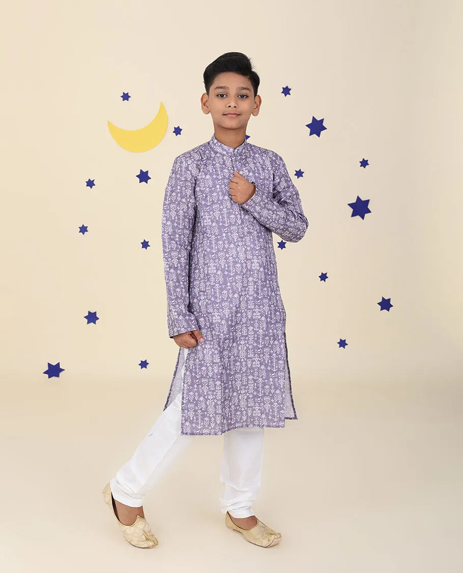 Lavender cotton kurta set features intricate floral motifs printed full-sleeve kurta & contrast pants