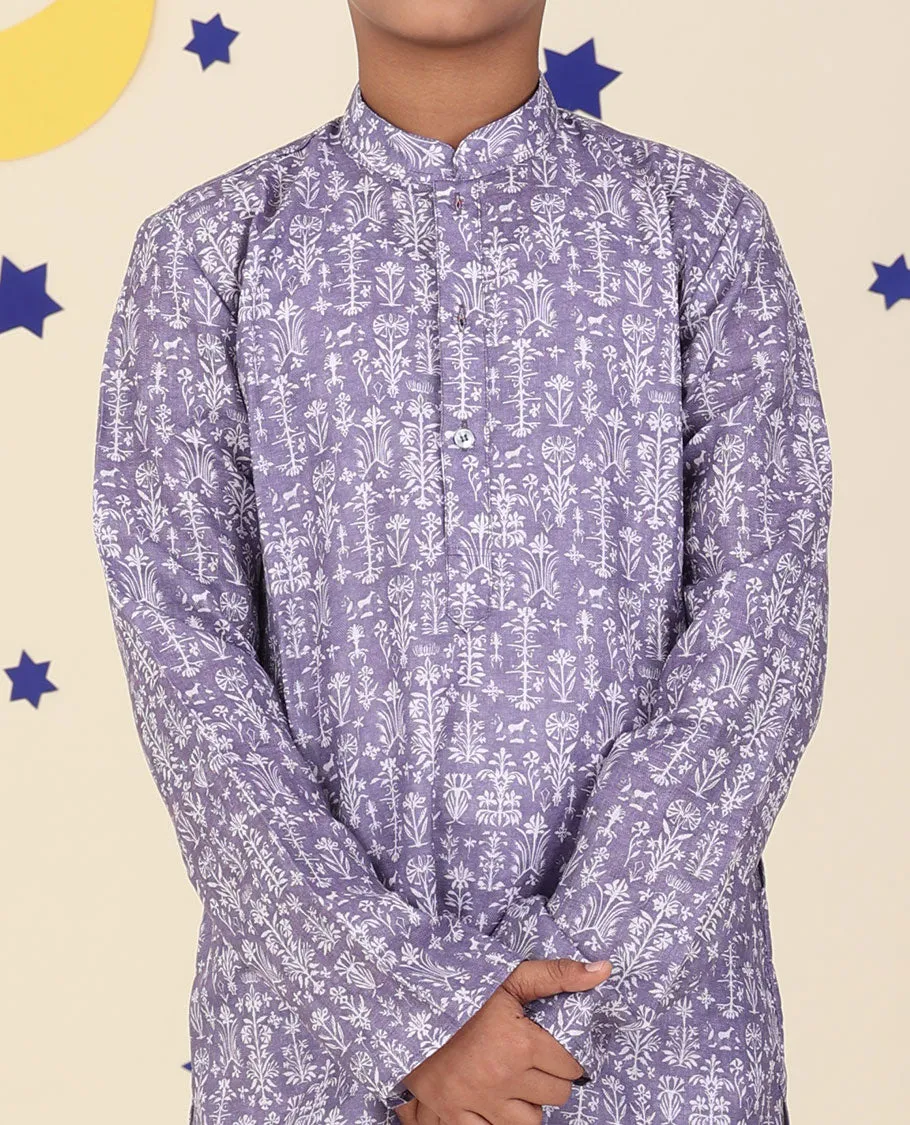 Lavender cotton kurta set features intricate floral motifs printed full-sleeve kurta & contrast pants