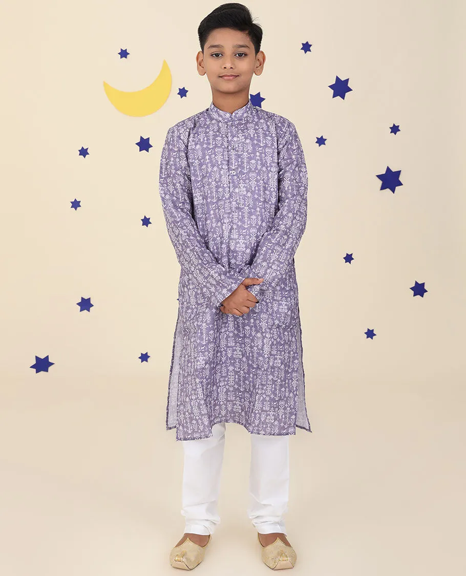 Lavender cotton kurta set features intricate floral motifs printed full-sleeve kurta & contrast pants
