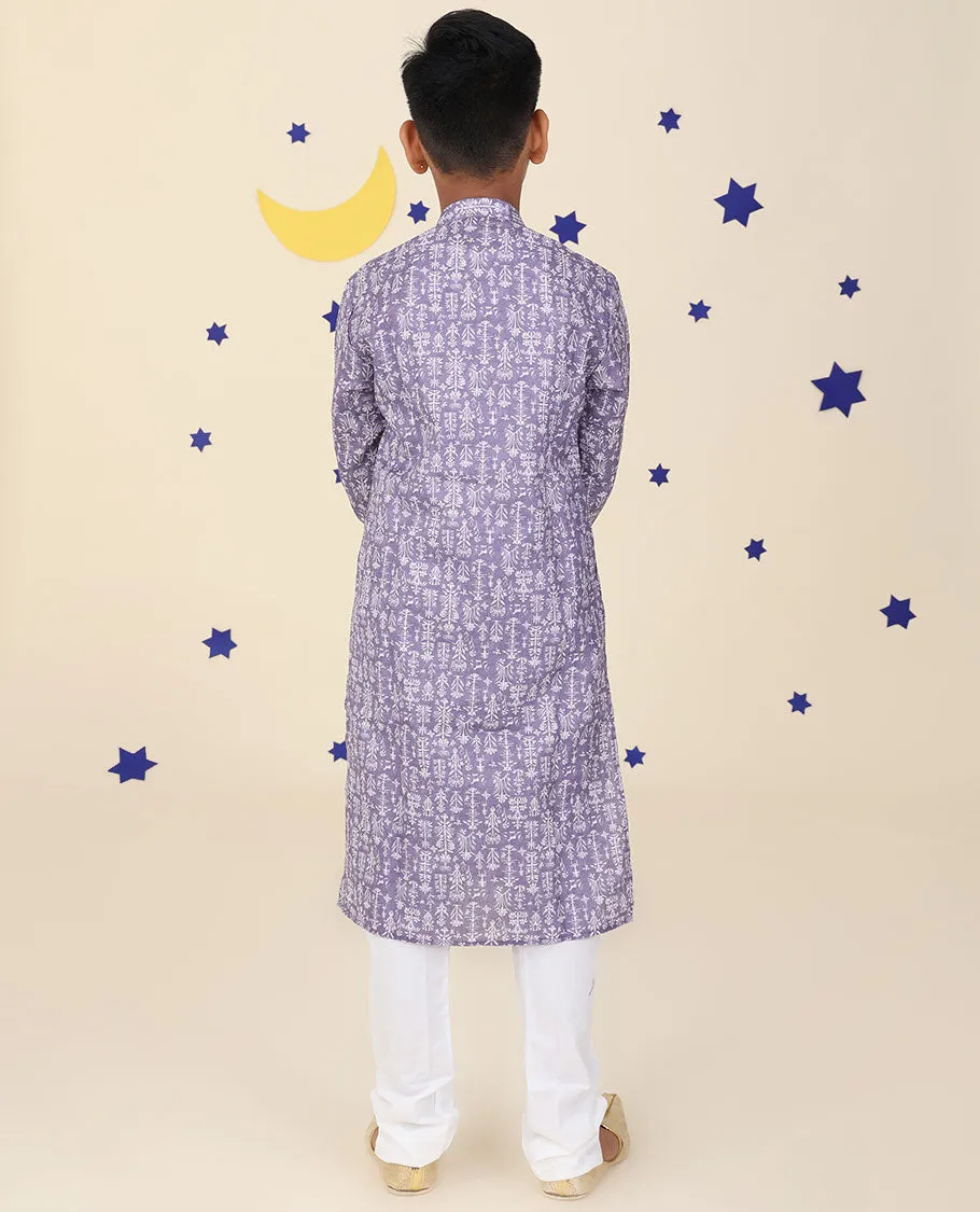 Lavender cotton kurta set features intricate floral motifs printed full-sleeve kurta & contrast pants