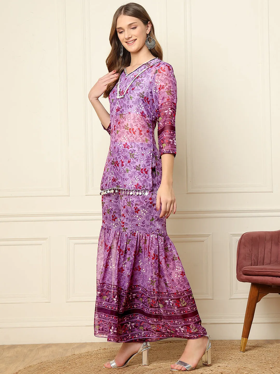 Lavender Floral Kurti With Sharara Indo Western Women Co-Ord Sets