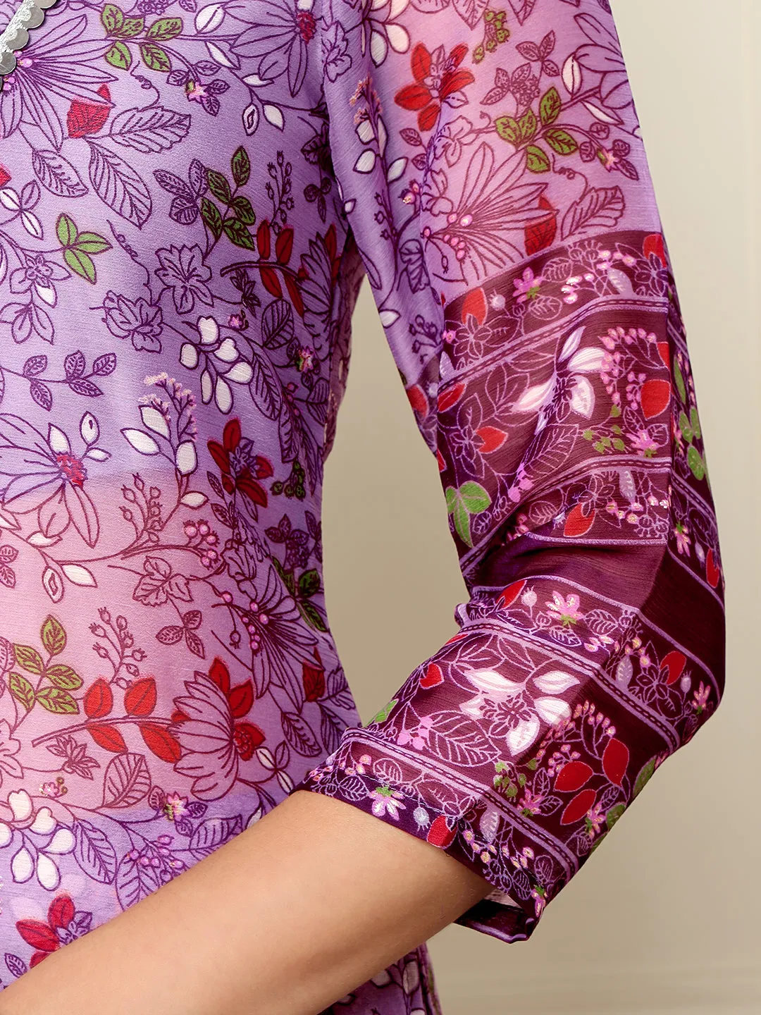 Lavender Floral Kurti With Sharara Indo Western Women Co-Ord Sets
