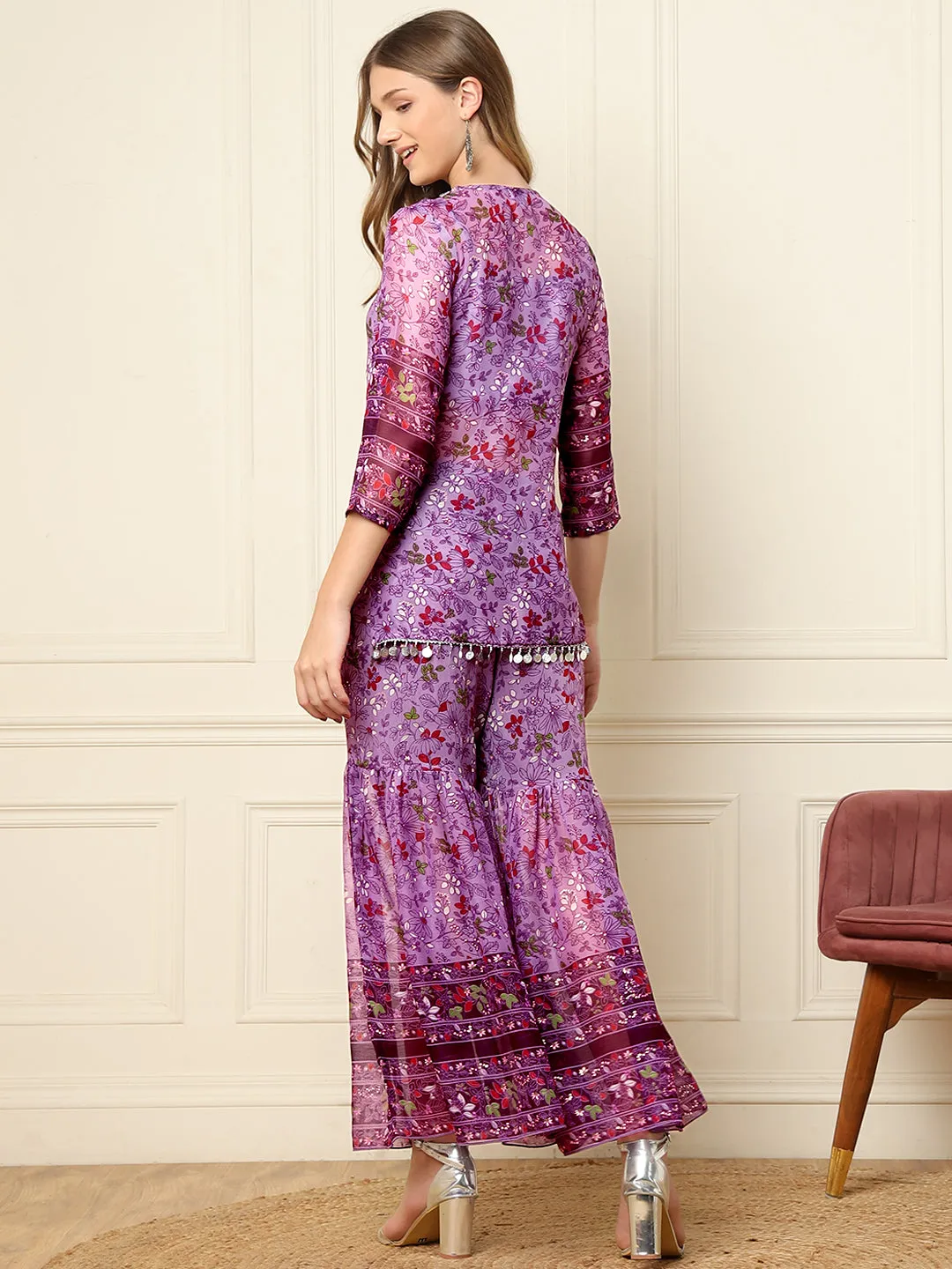 Lavender Floral Kurti With Sharara Indo Western Women Co-Ord Sets