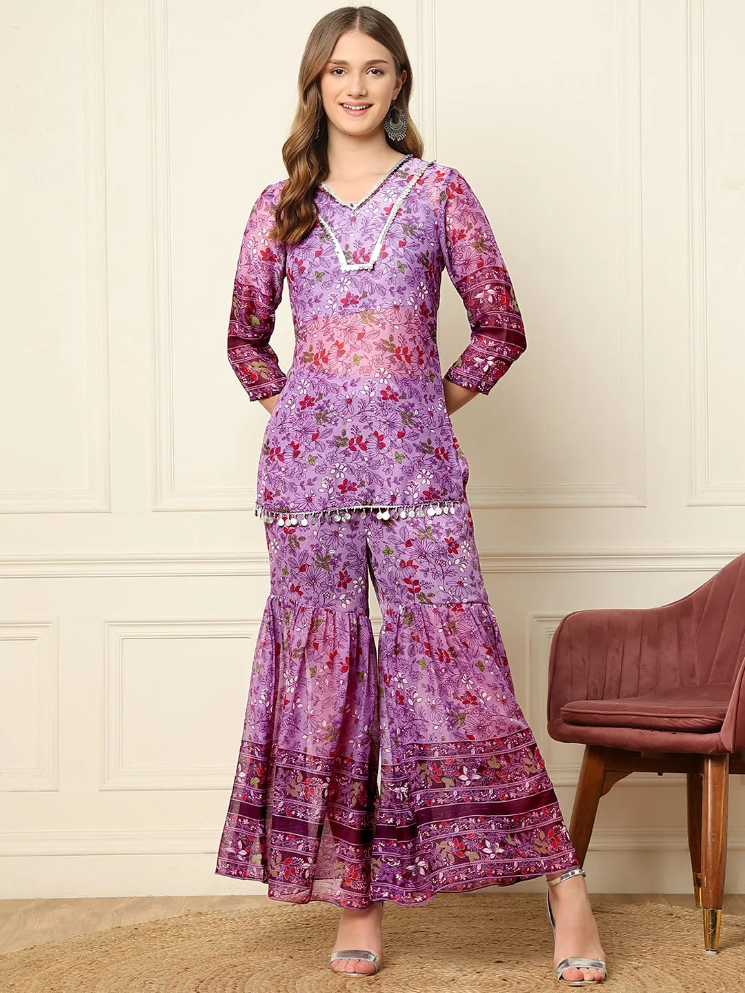 Lavender Floral Kurti With Sharara Indo Western Women Co-Ord Sets