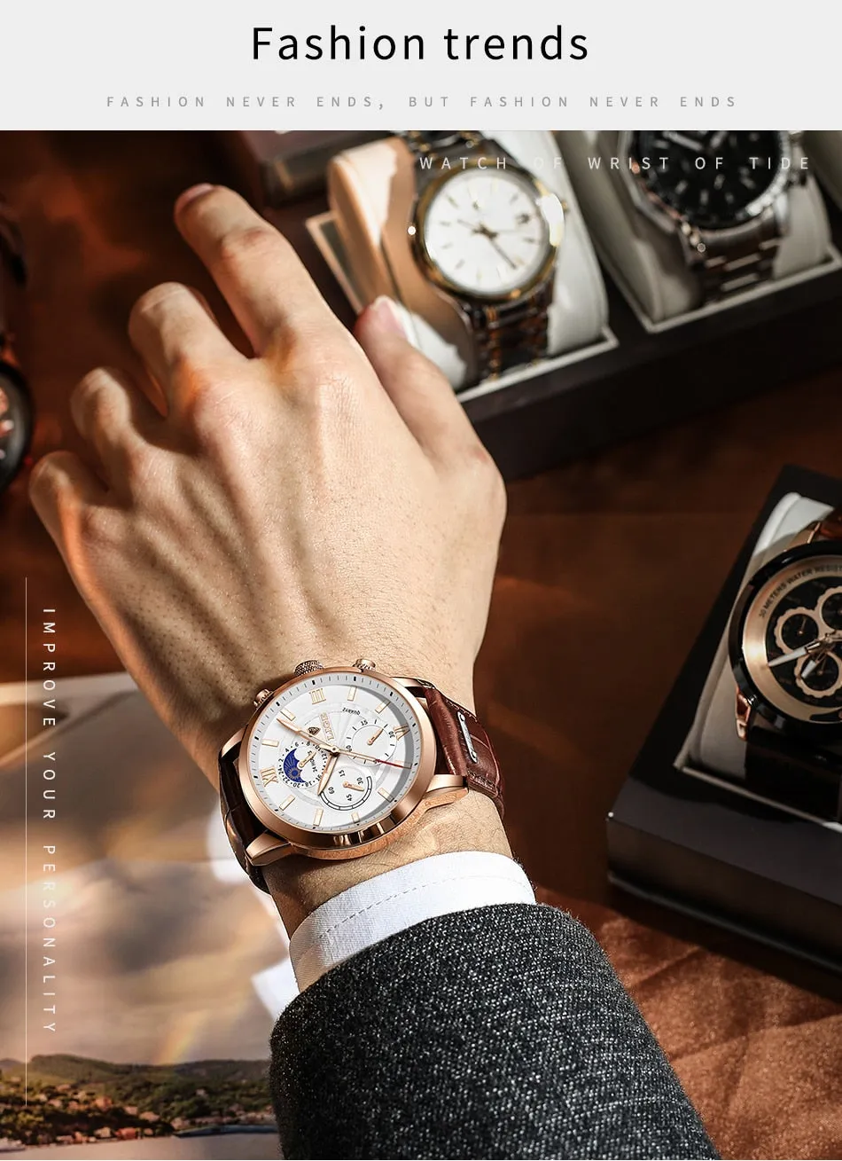 Leather Chronograph Waterproof Sport Automatic Date Quartz Watch