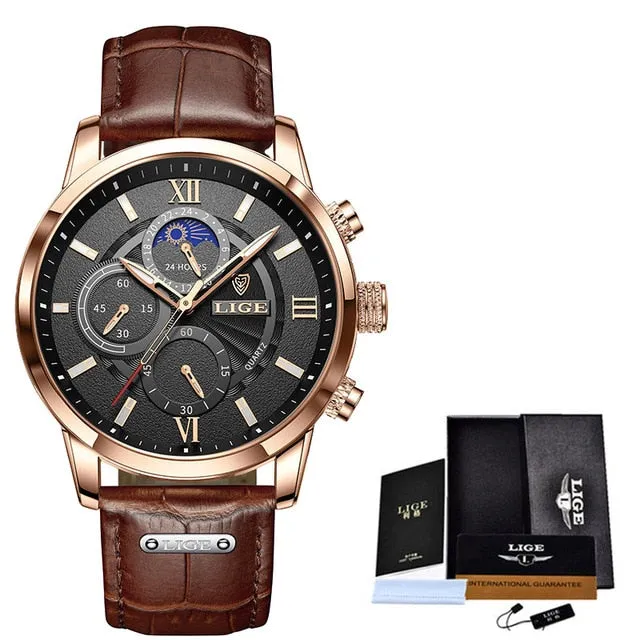 Leather Chronograph Waterproof Sport Automatic Date Quartz Watch
