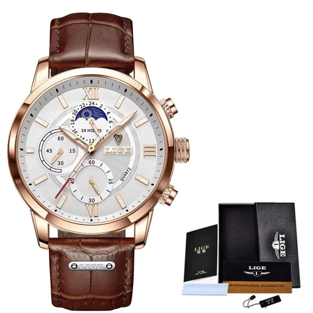 Leather Chronograph Waterproof Sport Automatic Date Quartz Watch