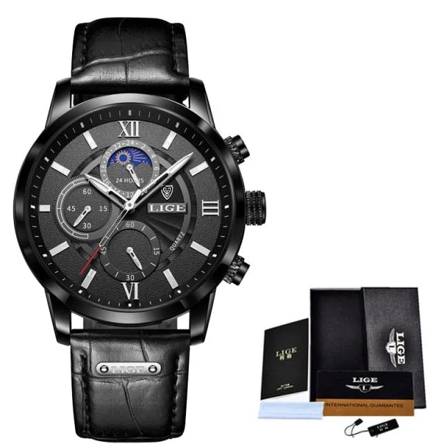 Leather Chronograph Waterproof Sport Automatic Date Quartz Watch