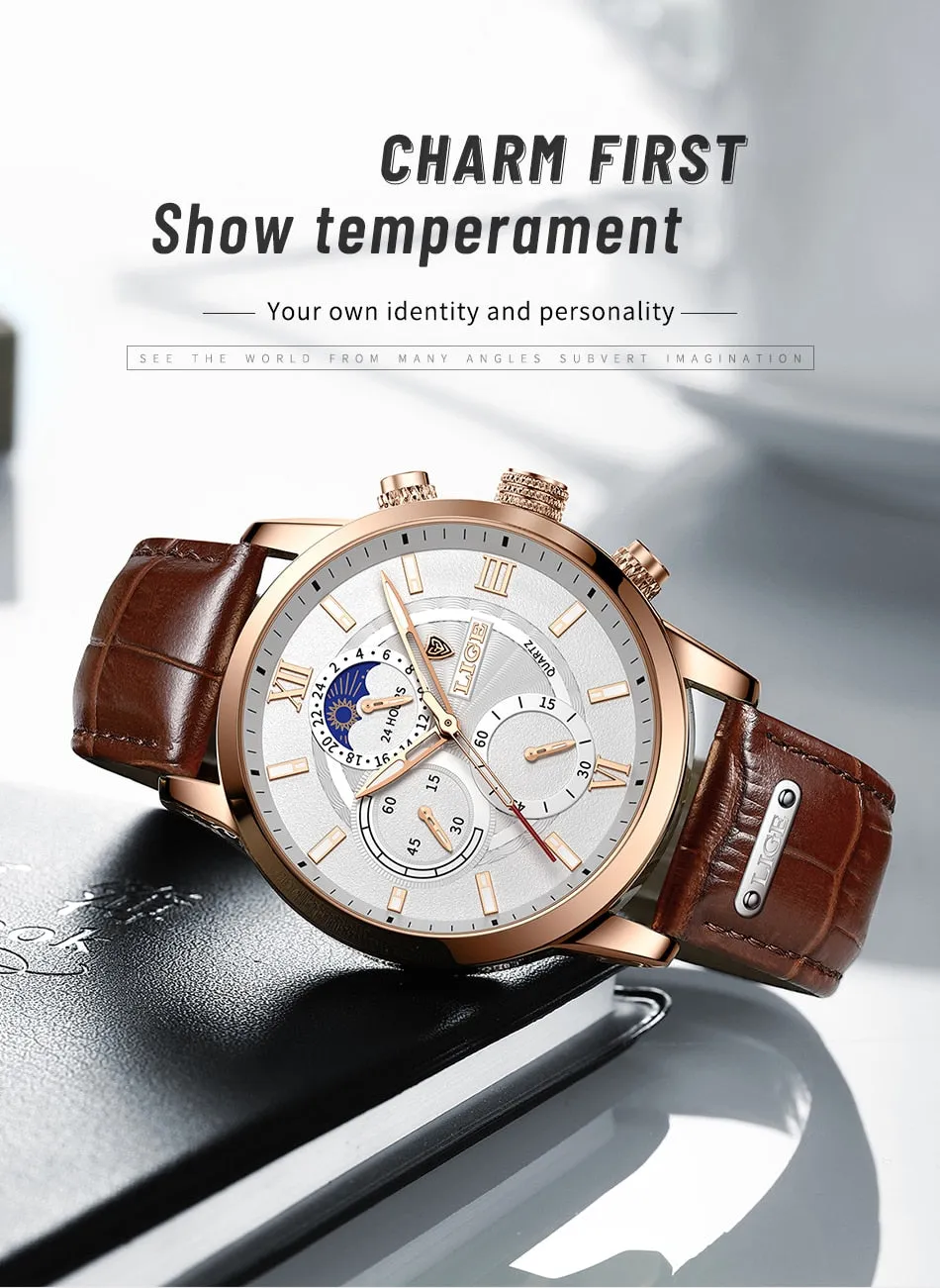 Leather Chronograph Waterproof Sport Automatic Date Quartz Watch