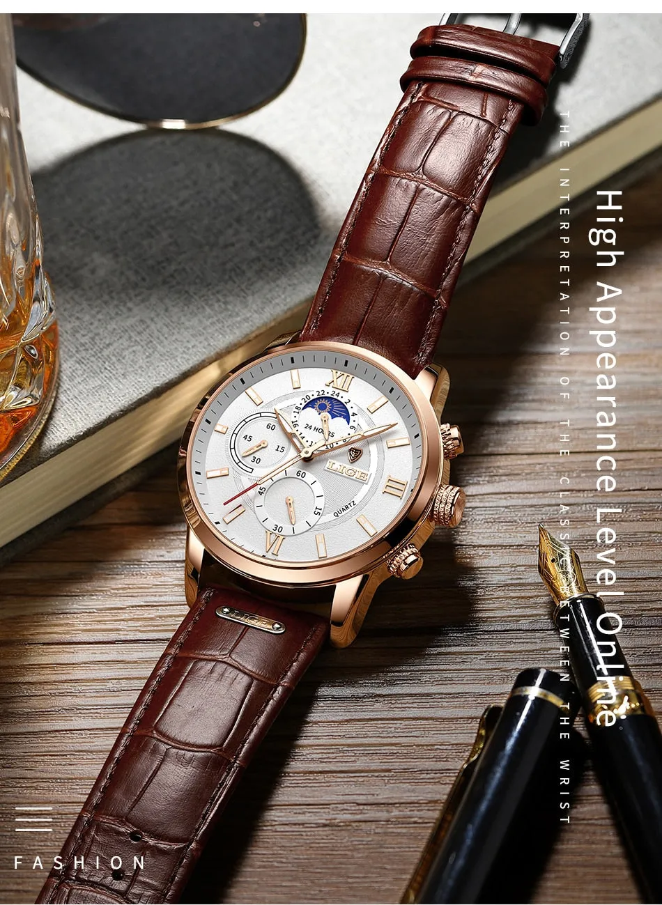 Leather Chronograph Waterproof Sport Automatic Date Quartz Watch