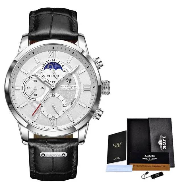 Leather Chronograph Waterproof Sport Automatic Date Quartz Watch