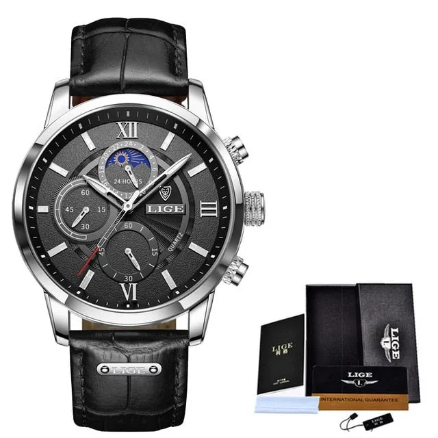 Leather Chronograph Waterproof Sport Automatic Date Quartz Watch