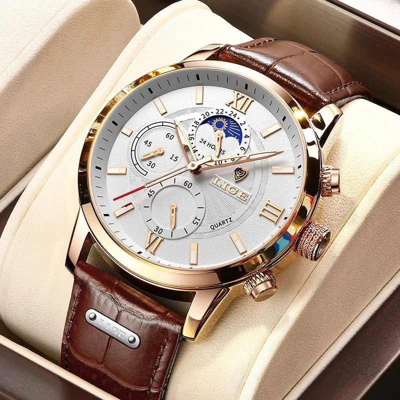 Leather Chronograph Waterproof Sport Automatic Date Quartz Watch