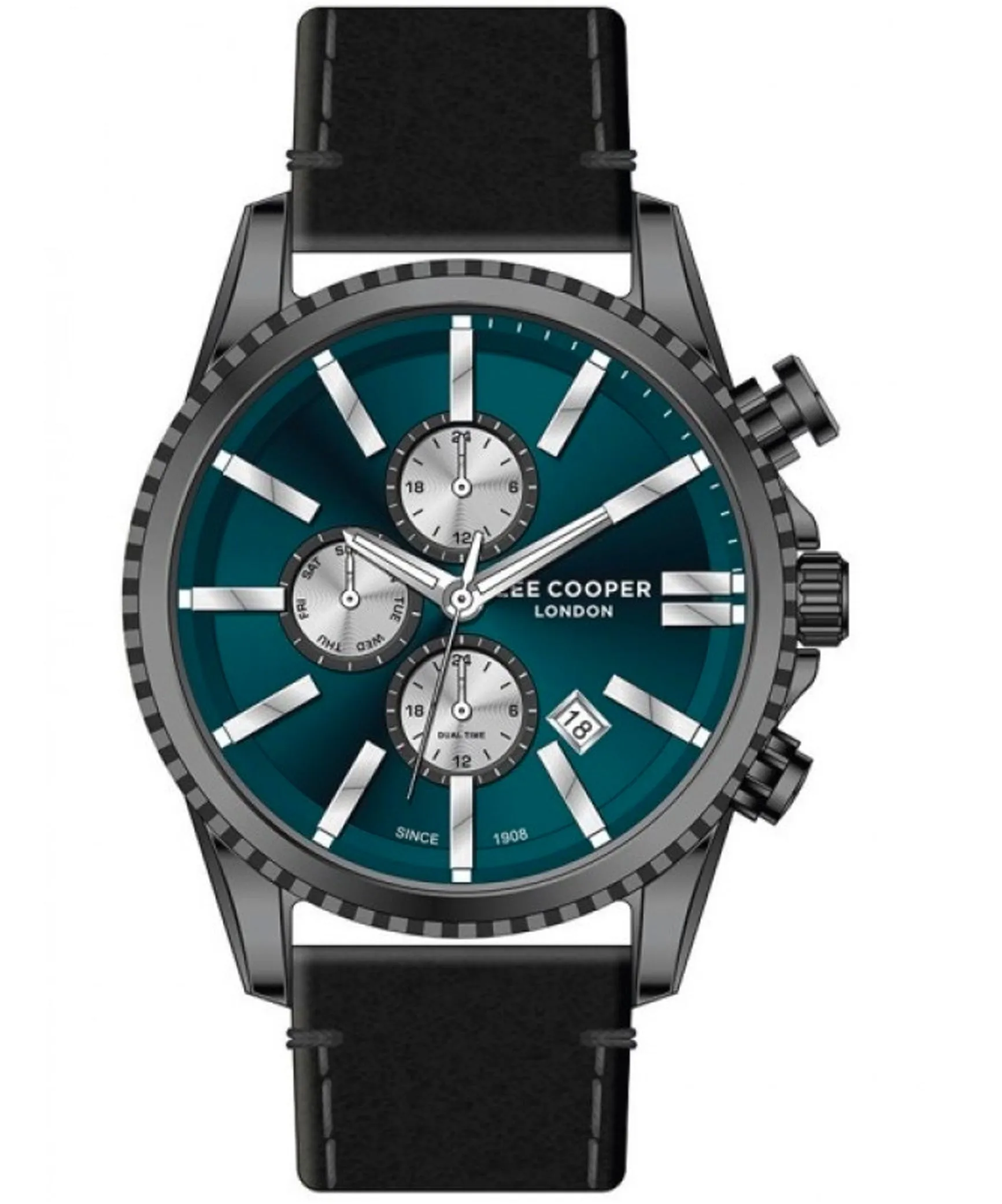 Lee Cooper  Men's Multi Function Green Dial Black Leather Strap, Watch LC07398.091