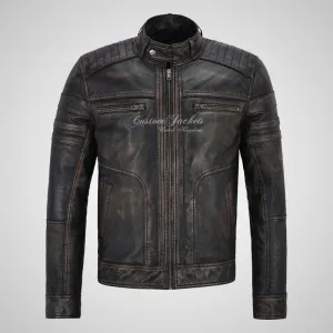 LENNOX Mens Vintage Leather Biker Jacket Soft Waxed Leather Jacket