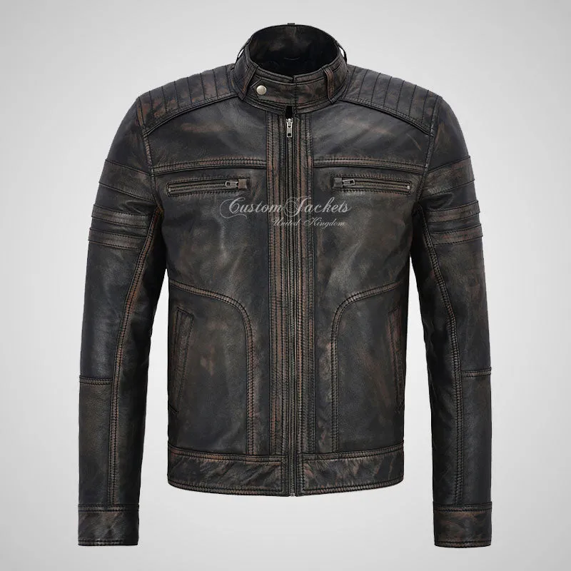 LENNOX Mens Vintage Leather Biker Jacket Soft Waxed Leather Jacket