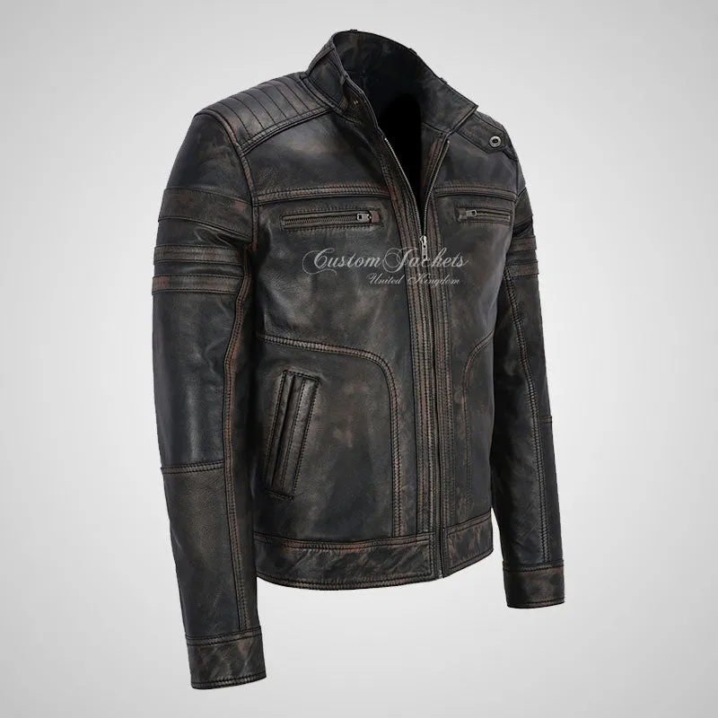 LENNOX Mens Vintage Leather Biker Jacket Soft Waxed Leather Jacket