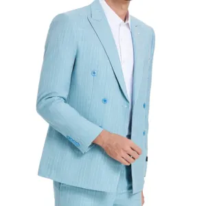 Light Blue Checkered Double-Breasted Suit - Breezy Elegance