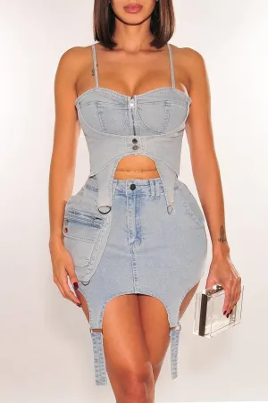 Light Denim Bustier Garter Cargo Skirt Two Piece Set