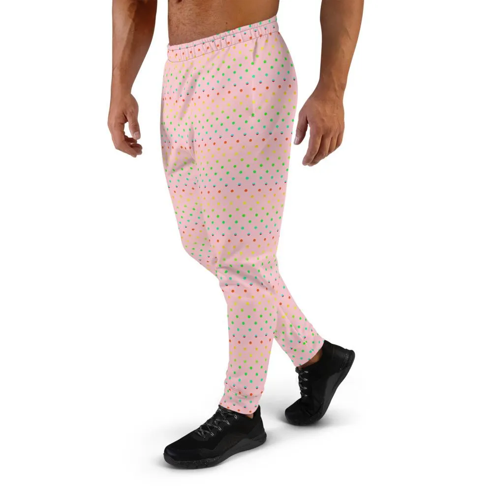 Light Pink Dots Men's Joggers, Polka Dots Rainbow Premium Sweatpants - Made in USA/MX/ EU