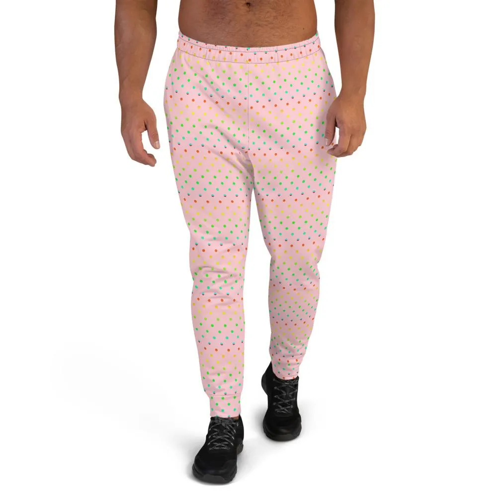 Light Pink Dots Men's Joggers, Polka Dots Rainbow Premium Sweatpants - Made in USA/MX/ EU