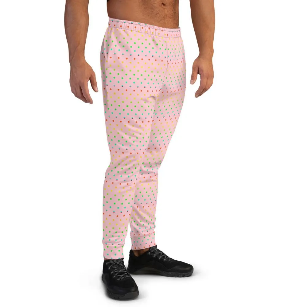 Light Pink Dots Men's Joggers, Polka Dots Rainbow Premium Sweatpants - Made in USA/MX/ EU