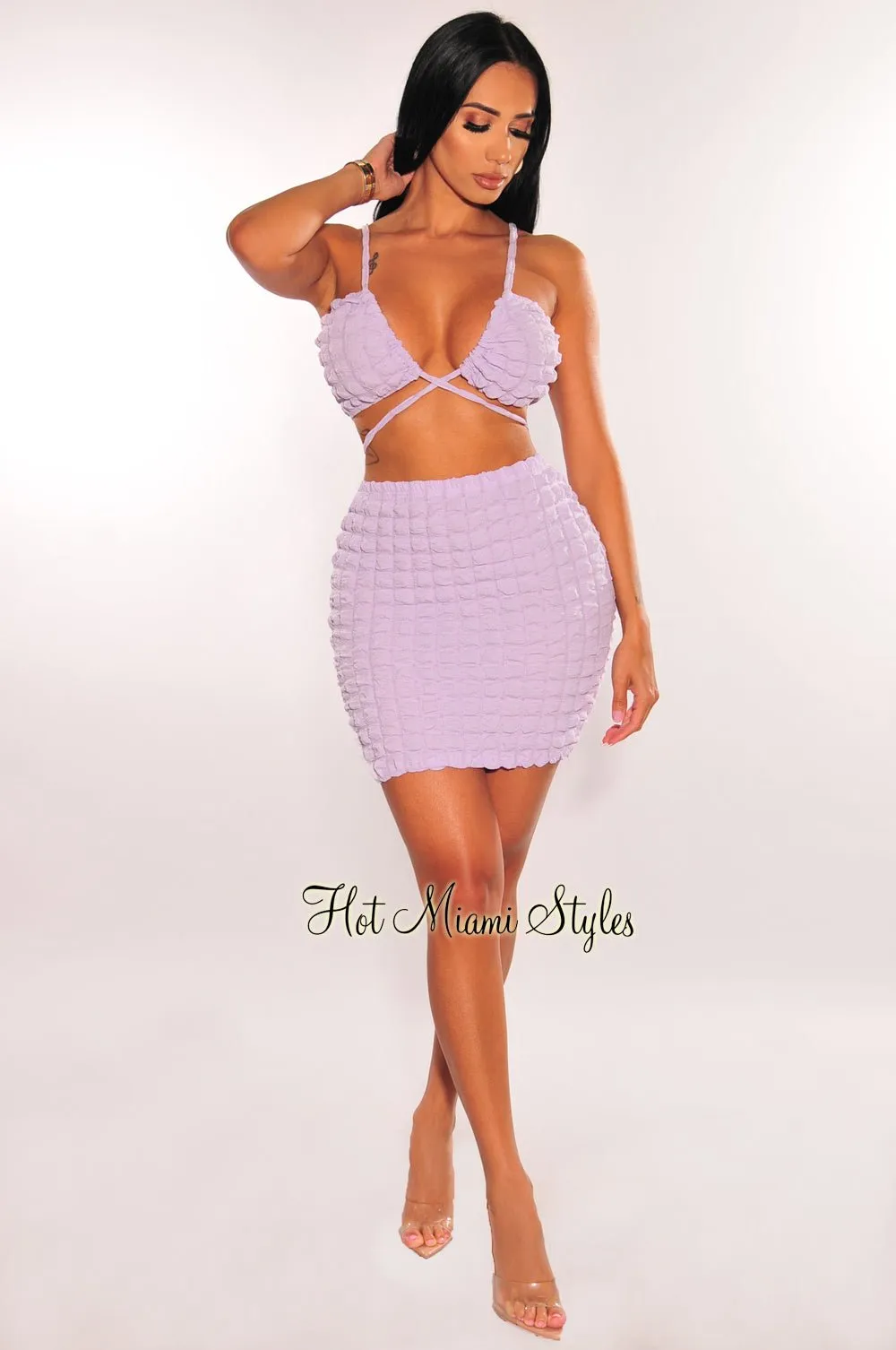 Lilac Bubble Textured Spaghetti Strap Tie Up Skirt Two Piece Set