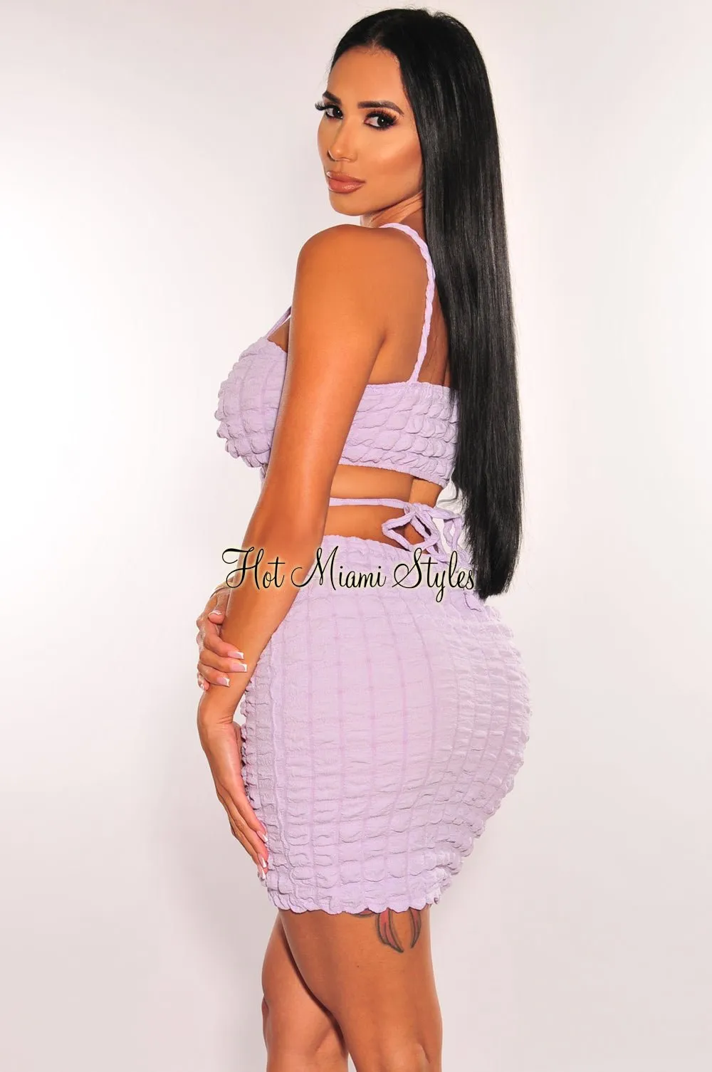 Lilac Bubble Textured Spaghetti Strap Tie Up Skirt Two Piece Set