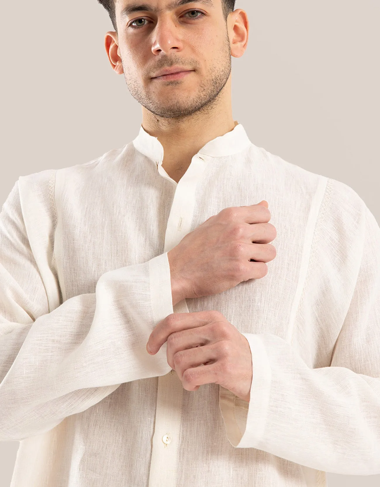 Linen shirt with button down and stand up collar
